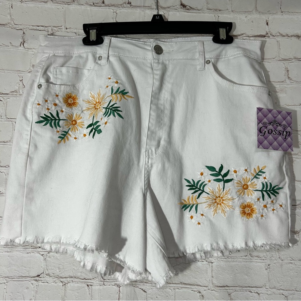 Copperflash White High Rise Jean Shorts with Yellow Floral Embroidery Size 16